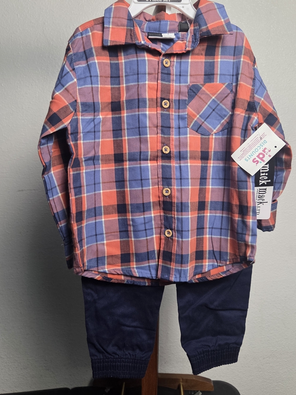 Toddler Plaid Button-Up Shirt & Navy Jogger Set